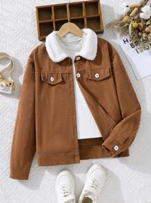 Teen Girl Teenagers Corduroy Fur Collar Casual Workwear Jacket