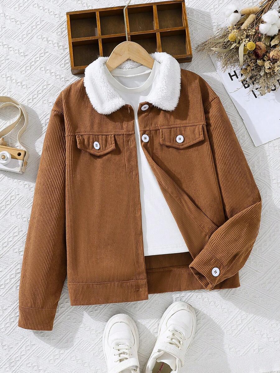 Teen Girl Teenagers Corduroy Fur Collar Casual Workwear Jacket