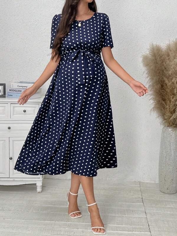SHEIN Pregnant Women's Polka Dot Print Simple Daily Short Sleeve Dress For Maternity