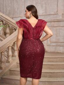 SHEIN Belle Burgundy Red Luxurious Beaded Patchwork Dress With Ruffled Sleeves And Elegant Fish Tail Design, Plus Size Party Gown - Burgundy - View 2