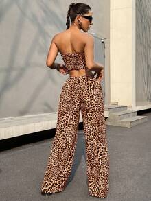 SHEIN EZwear 女士豹紋圓領短上衣和長褲套裝 - 咖啡棕 - 查看 2