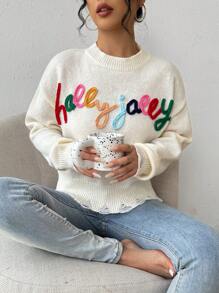 Chiquease 字母刺绣落肩毛衣，长袖上衣