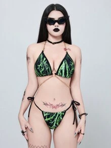 ROMWE Goth 女士扎染吊带拼接比基尼套装带链条装饰，性感时尚夏季 - 彩色 - 查看 3