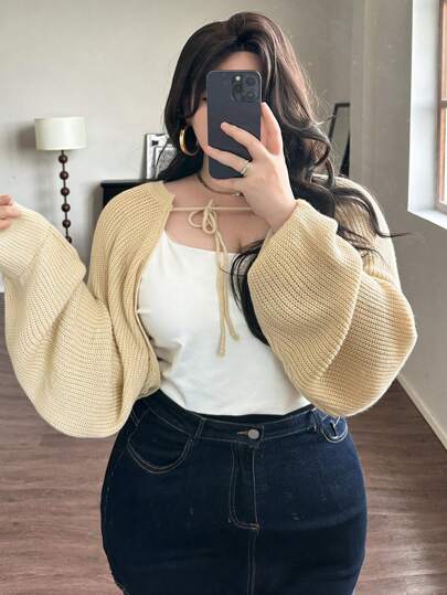 Dazy Plus 加大码纯色宽松短款针织开衫，前部系带，适合冬季、秋季服装、返校服装