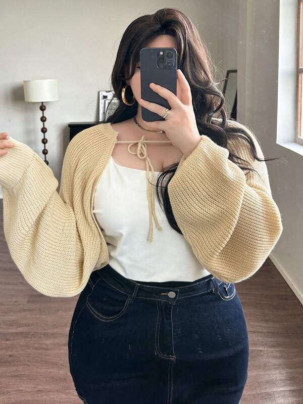 Dazy Plus Cárdigan corto de punto suelto de unicolor con lazo delantero, para ropa de invierno, otoño y vuelta al colegio, talla grande