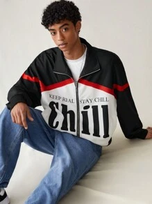 Manfinity VCAY Men's Woven Fashionable Casual Loose Fit Long Sleeve Zipper Front Jacket For Daily Wear