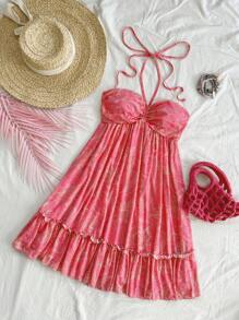 Soleia 嬉皮女士無袖領繩印花連衣裙 - 玫紅色 - 查看 1