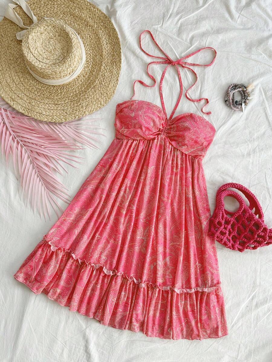 Soleia 嬉皮女士無袖領繩印花連衣裙 - 玫紅色 - 查看 1