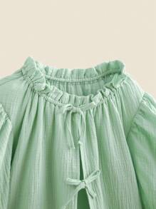 THE HAPPY LOOK Bowknot Ruffle Collar Puff Sleeve Green Chiffon Casual Vacation Shirt For Teen Girls, Spring Summer Back To School Season - Green - View 3