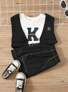 2pcs Young Boys' Fashionable Casual Sports Wear Set, Including Oversized Drop Shoulder Short-Sleeved White T-Shirt With English Print And White Stitched Black Shorts, Suitable For Travel And School In Spring, Autumn, And Winter - Black and White - View 6