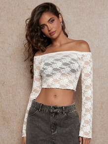 Forever 21 White Lace Off Shoulder Tight Top With Flare Sleeves - White - View 3