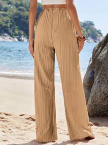 SHEIN Cottnline Wide Leg Pants, Pleating Fabric - Brown - View 2