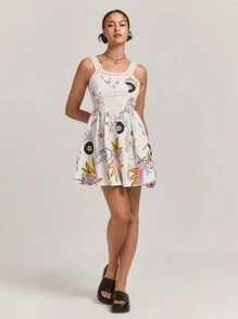SHEINNeu Women's Random Printed Simple Daily Wear Spaghetti Strapa Line Casual Bubble Dress Back To School Outfits - White - View 1