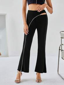 SHEIN Privé Black Fashionable Asymmetrical Design Zipper Split Flared Mid-Rise Women's Casual Pants Fall Cloth For Women - Black - View 4