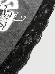 ROMWE Grunge Punk Letter Graphic Contrast Lace Cold Shoulder Tee, School