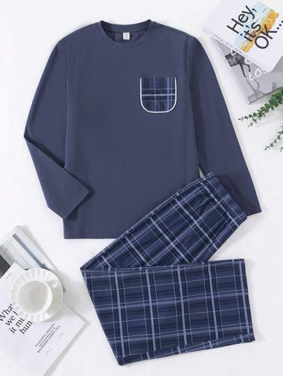 SHEIN Teenager Jungen Urban Lässig Karo Taschen Dekor Langarm T-Shirt und gerade geschnittene Karo Hose 2-teiliges Pyjama Set