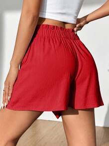 SHEIN Unity Solid Color Paper Bag Waist Casual Wide-Leg Shorts For New Year Clothes - Red - View 2