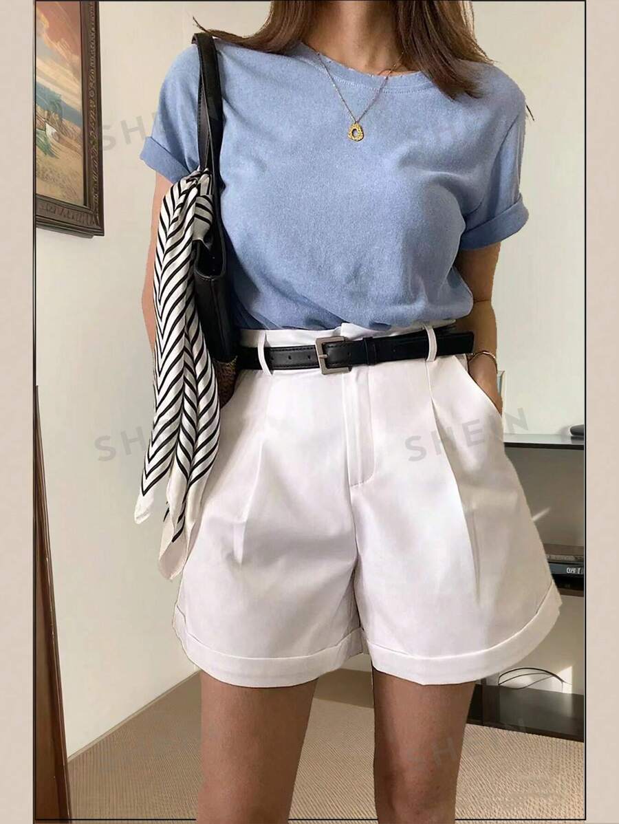 Chiquease Pantalones cortos casuales acampanados de línea A de unicolor para mujer, verano