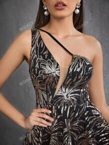 Mgiacy One Shoulder Asymmetrical V-Neck Gorgeous Sequins Sexy Party Skater Dress