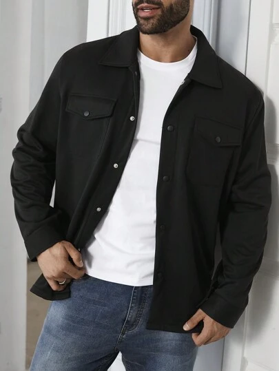 Manfinity Homme 男式加大码纯色前扣长袖黑色工作黑色夹克，适合送给朋友、丈夫、男朋友的礼物