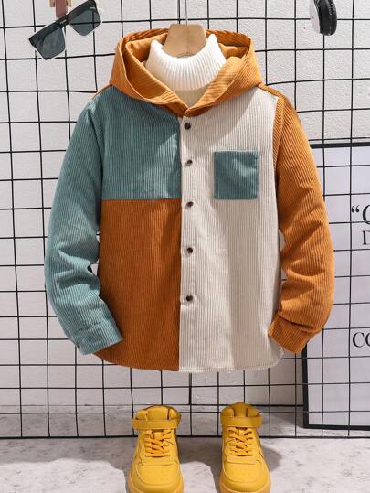 SHEIN Áo len cardigan có mũ trùm đầu màu sắc dành cho trẻ em Tween Boy Casual College đi nghỉ bằng vải nhung & có lớp lót dệt