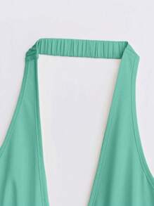 SHEIN Unity Women's Simple Solid Color Daily Wear Halter Neck Tie Sleeveless Top - Green - View 3