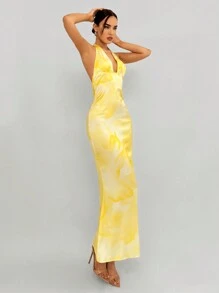 Aloruh 女士假期派對印染花紋深V領領口連領禮服裙，側襟設計，修身款式，黃色