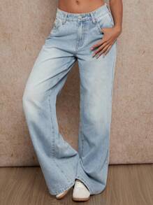 Forever 21 Women Vintage Low Rise Washed Wide Leg Jeans - Blue - View 5