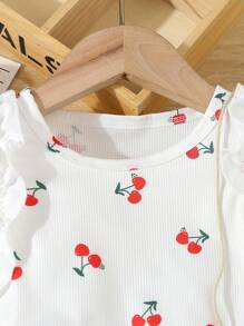 SHEIN 女宝宝樱桃印花刺绣夏季上衣和牛仔短裤套装牛仔小女孩套装无袖小女孩套装青少年女孩衣服套装 - 彩色 - 查看 3