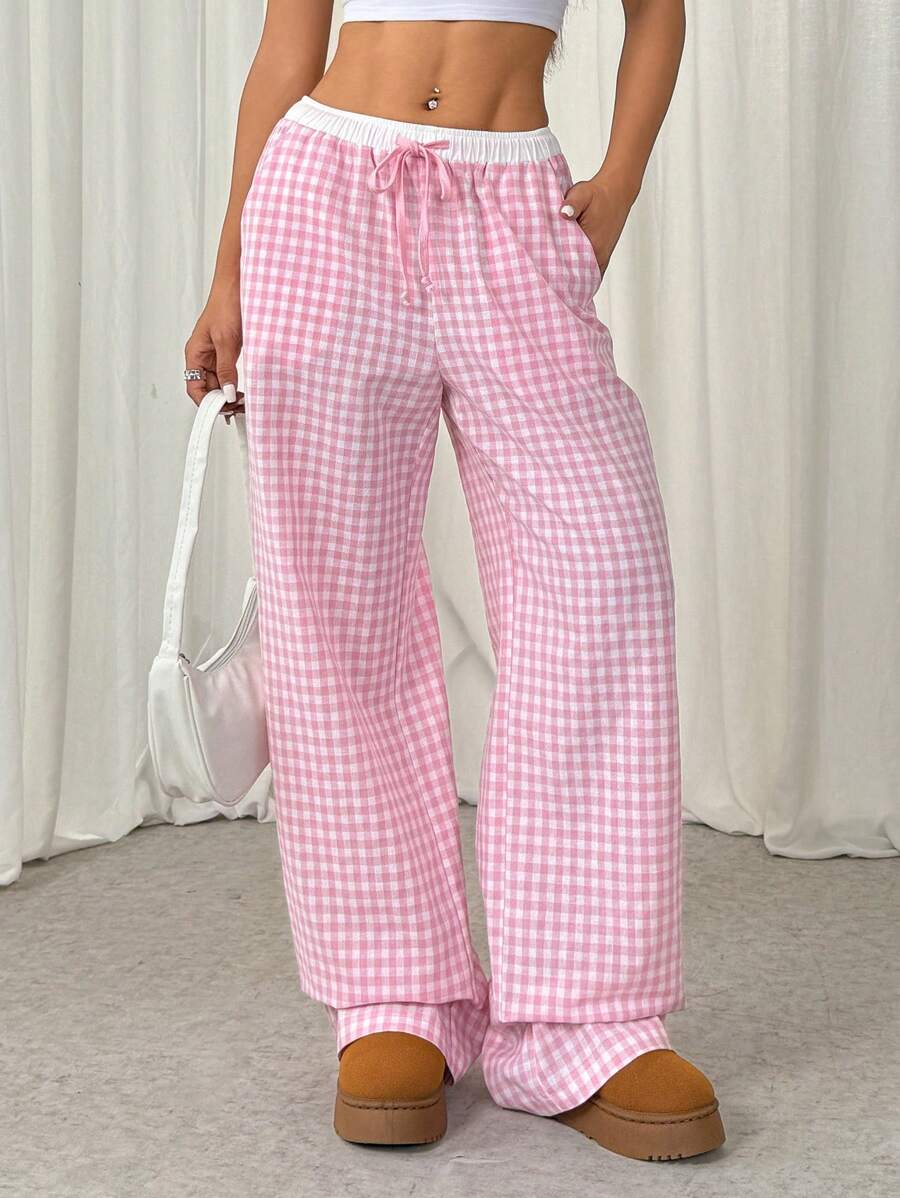 SHEIN EZwear 粉白色格子印花口袋休閒直筒褲 - 粉色 - 查看 1
