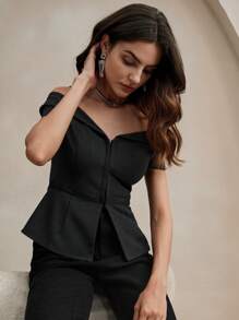 Anewsta Vintage French V-Neck Off-Shoulder Short Sleeve Slim Fit Top - Grey - View 7