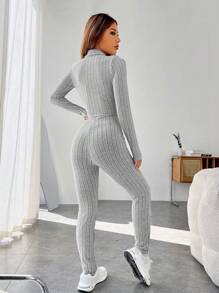 SHEIN EZwear 春季服裝，拉鍊式肋針針織全身緊身連身褲 - 淺灰色 - 查看 2