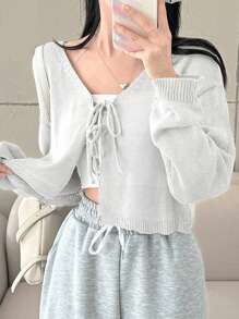 DAZY Áo sơ mi nữ tay dài đơn giản hàng ngày màu trơn buộc phía trước, quần áo nữ mùa thu - trắng - Xem 2