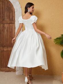 Off Shoulder Ruffle Trim Wedding Dress - White - View 2