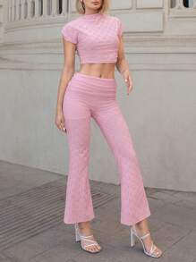 SHEIN Essnce Spring/Summer New Hollow Out Floral Ruffle Top And Folded Wide-Leg Pants Set - Beige - View 6