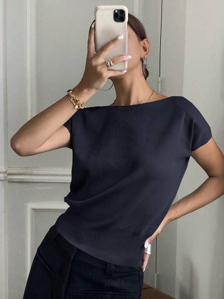 Solid Color Slim Fit Open Shoulder Short Sleeve Knit Top For Women Summer