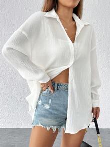 SHEIN PETITE Shirts White Casual Drop Shoulder Button Front Beach Shirt - White - View 5