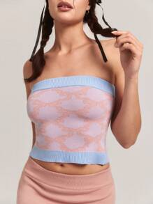 SHEINNeu Women Tops, Knitted, Fall, Fall Clothes, Tube Top, Bow Pattern, Light Pink, Babyblue, Summer Beach Tops, Daily, Versatile, Cute, Contrasting Design, Winter Women Clothes