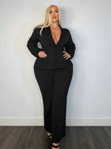 SHEIN SXY Women Plus Curve Solid Lapel Neck Single Button Blazer And Pants In Fall/Winter - Black - View 3