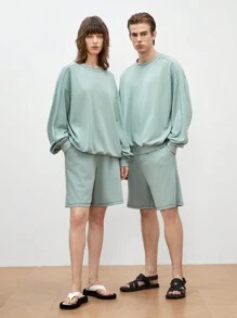 Manfinity INSISELF 2pcs Men's Knit Loose Casual Long-Sleeved Round Neck Pullover Sweatshirt And High-Waisted Straight Shorts Set, Suitable For Daily Wear