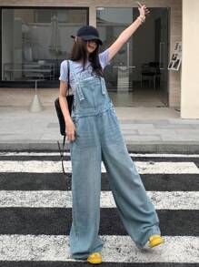 DAZY Solid Wide Leg Denim Overall Pants For Dailywear