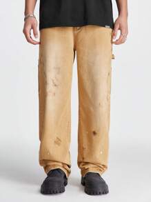 Manfinity Hypemode Men's Loose Straight Cut Khaki Baggy Jeans With Street Paint Pattern - Khaki - View 5