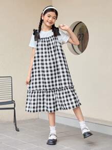 SHEIN Tween Girl's Daily Casual Knitted Short-Sleeved Round-Neck Top And Plaid Strap Dress Set - Black and White - View 3