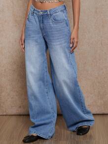 Forever 21 Quần Jeans ống rộng eo thấp cổ điển cho nữ - Màu xanh lam - Xem 7