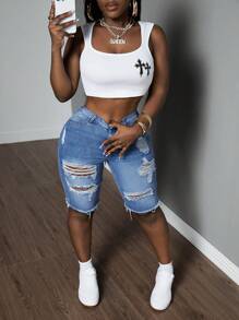 SHEIN Slayr Ripped Raw Hem Denim Shorts For Dailywear