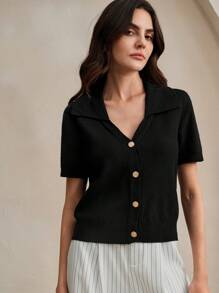 Anewsta Lässiger und bequemer Damen-Schwarzer-Cardigan mit großem Revers, V-Ausschnitt und Ein-Knopf-Verschluss