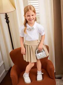 SHEIN Elladie kids 女孩优雅休闲度假百搭褶皱卡其裙，适合春、夏、秋、冬，不对称腰带设计，褶皱下摆，纽扣装饰，适合外出、上学、派对、聚会 - 卡其色 - 查看 3