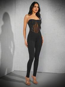 Hauture Women's Summer Fashion Mesh Contrast Cross Bandage Strapless Slim Jumpsuit