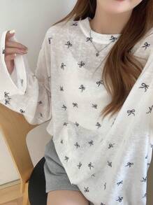 DAZY Bow Print Drop Shoulder Tee For Spring And Summer Sheer Long Sleeve Women Tops