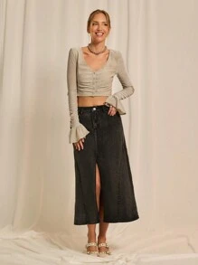 SHEINNeu Button Front Flounce Sleeve Crop Tee,Crop Women Tops,Fall Women Clothes - Apricot - View 5